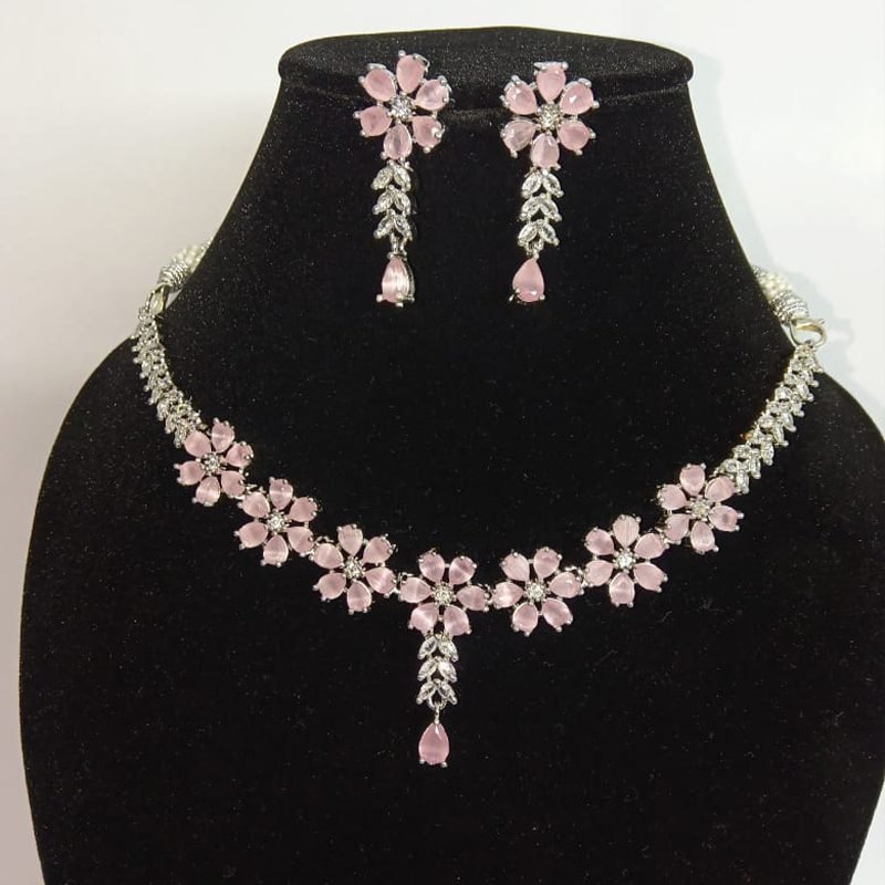 Elegant Pink Floral American Diamond Necklace & Earring Set Elegant Pink Floral American Diamond Necklace & Earring Set
