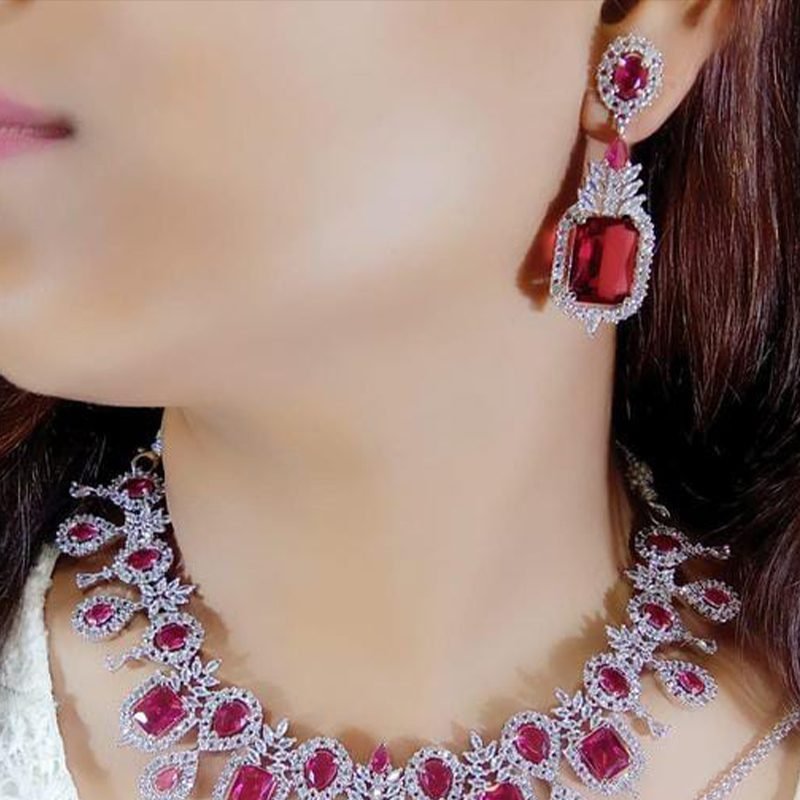 Bridal Ruby Red Stone Necklace Set for Women