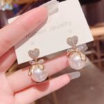 Pearl Crystal Heart Stud Earrings