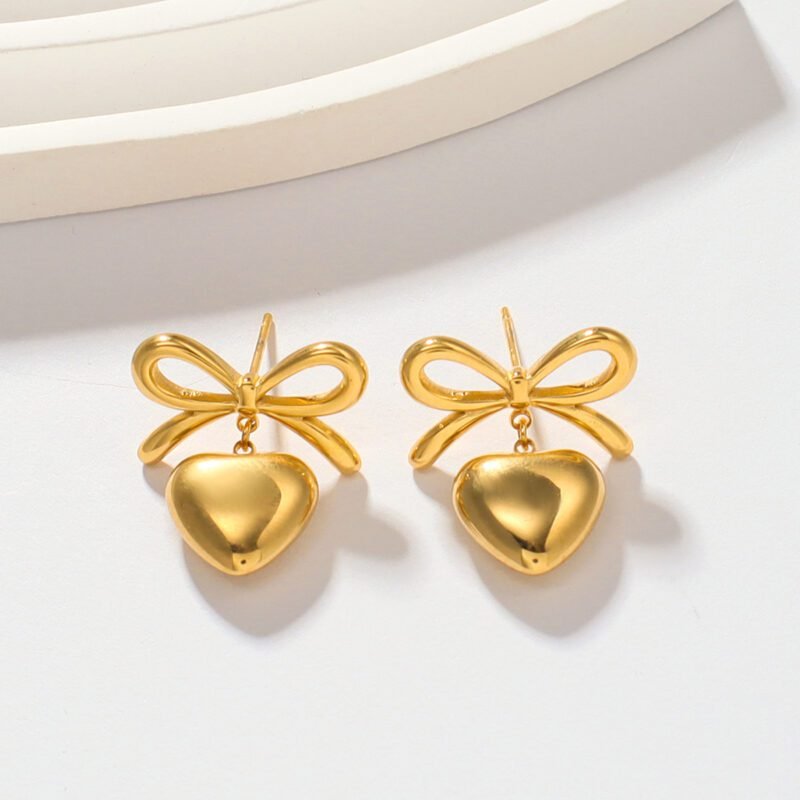 Gold Bow Heart Drop Earrings for Women