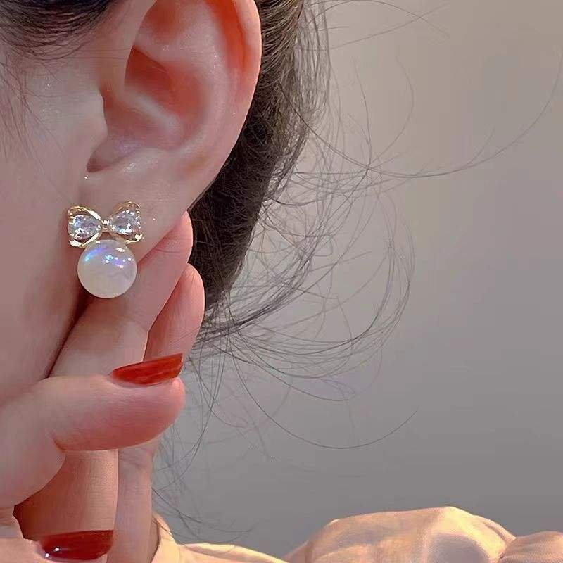 Crystal Bow & Pearl Stud Earrings
