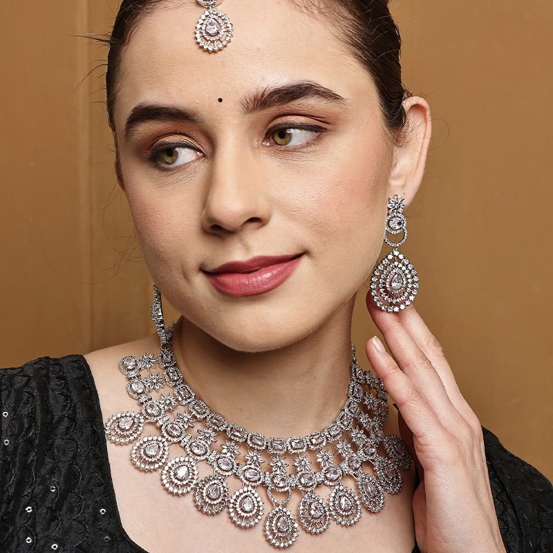Victorian Inspired Zircon Choker Set with Maang Tikka