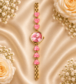 Pink and gold-tone bracelet watch for women with round pink dial and decorative pink accents