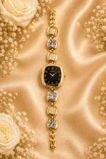 Gold-tone black dial bracelet watch for women with cream and grey marbled-look links, full front view