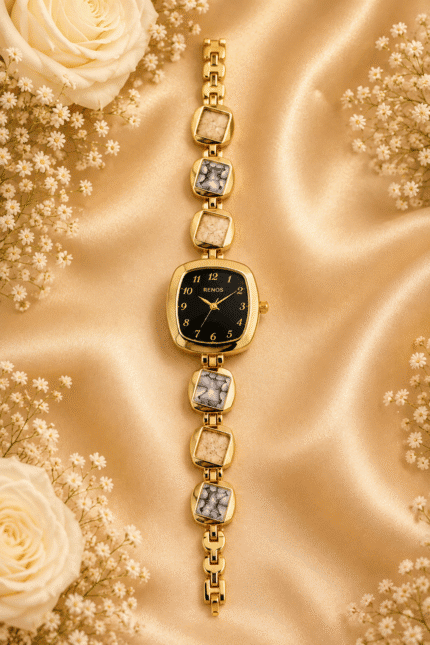 Gold-tone black dial bracelet watch for women with cream and grey marbled-look links, full front view