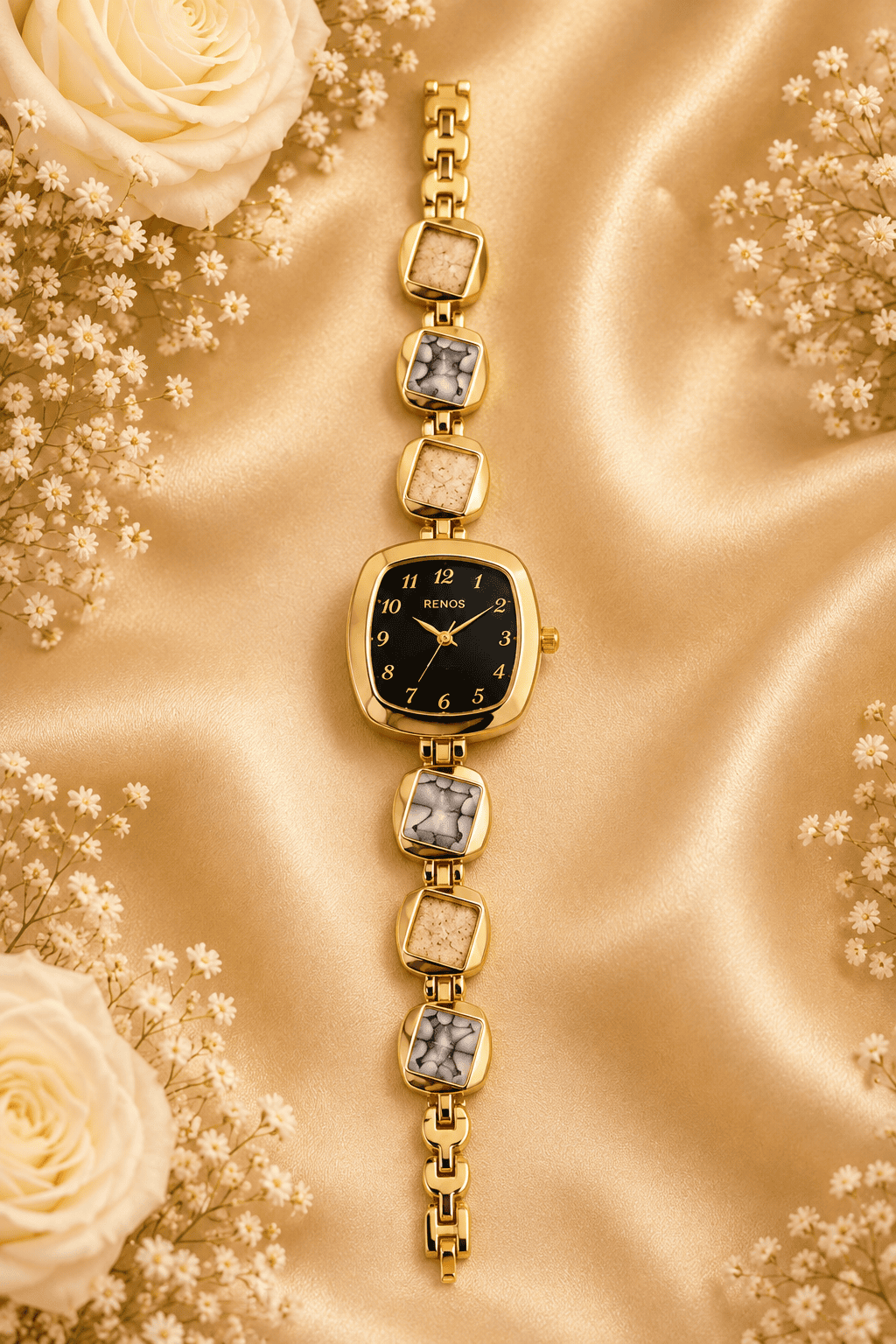 Gold-tone black dial bracelet watch for women with cream and grey marbled-look links, full front view