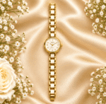 White and gold-tone bracelet watch for women with round ivory dial, full front view