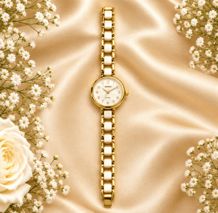 White and gold-tone bracelet watch for women with round ivory dial, full front view