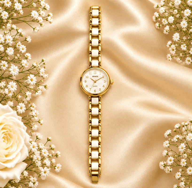 White and gold-tone bracelet watch for women with round ivory dial, full front view