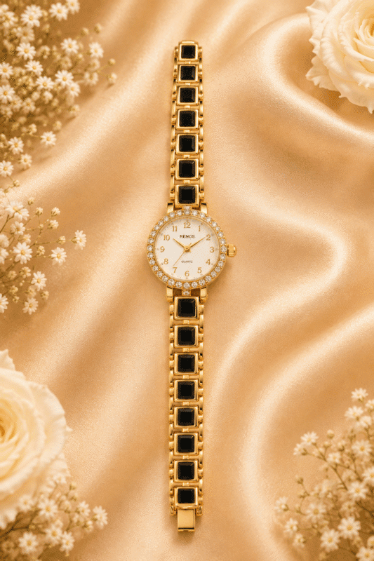 Black and gold-tone embellished bracelet watch for women with ivory dial, full front view