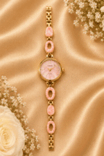 Pink and gold-tone oval link bracelet watch for women, full front view