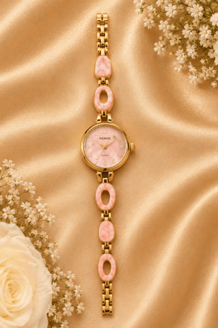 Pink and gold-tone oval link bracelet watch for women, full front view