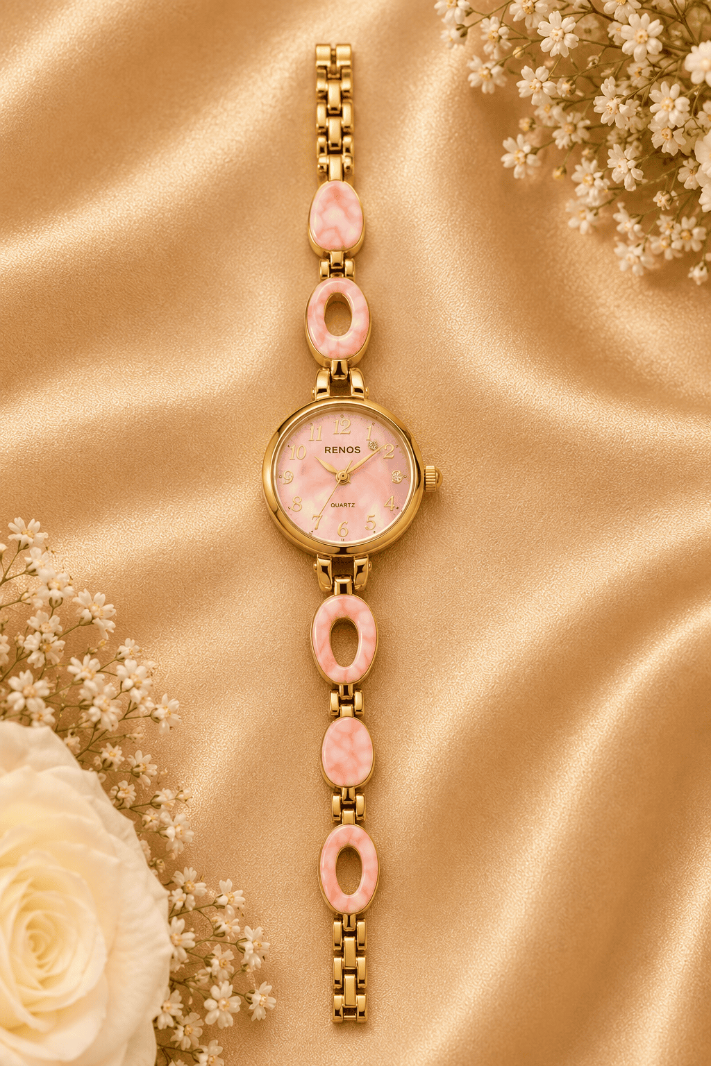 Pink and gold-tone oval link bracelet watch for women, full front view