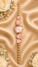 Pink geometric bracelet watch for women with triangular dial and gold-tone links, front view