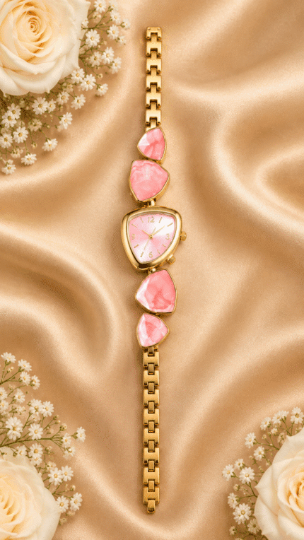 Pink geometric bracelet watch for women with triangular dial and gold-tone links, front view