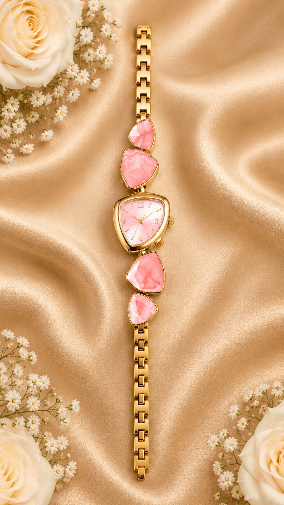 Pink geometric bracelet watch for women with triangular dial and gold-tone links, front view