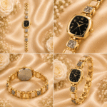 Gold-tone black dial bracelet watch collage showing front, dial, back and angled views