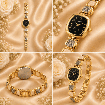Gold-tone black dial bracelet watch collage showing front, dial, back and angled views